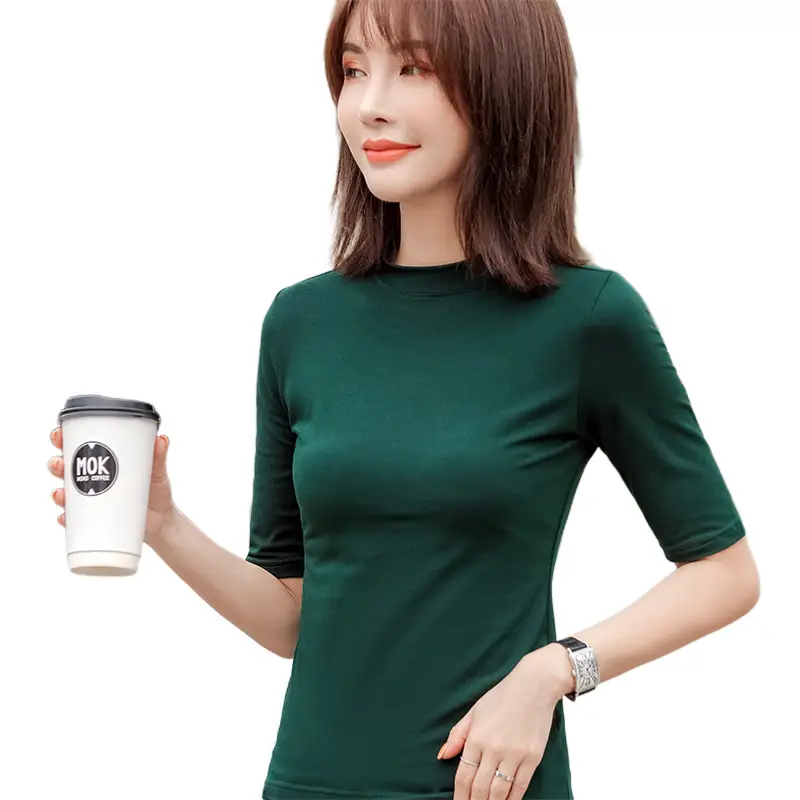 Women Cotton Slim Fit Green T-Shirt Small High Collar - Image 12