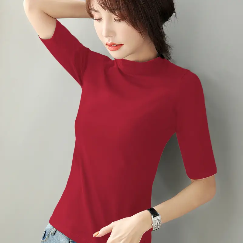 Women Cotton Slim Fit Green T-Shirt Small High Collar - Image 4