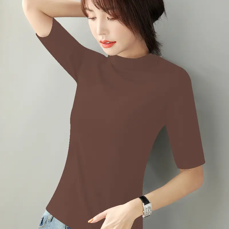 Women Cotton Slim Fit Green T-Shirt Small High Collar - Image 5