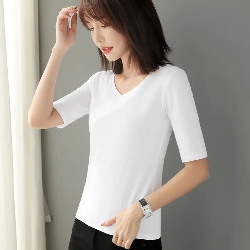 Women Cotton Slim Fit Green T-Shirt Small High Collar - Image 6