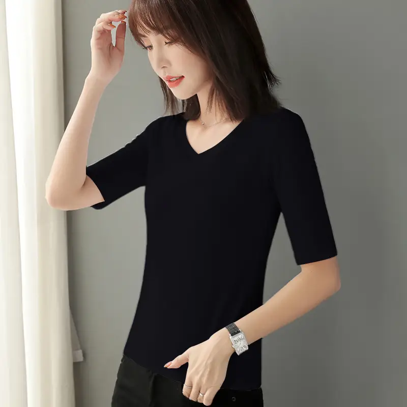 Women Cotton Slim Fit Green T-Shirt Small High Collar - Image 7