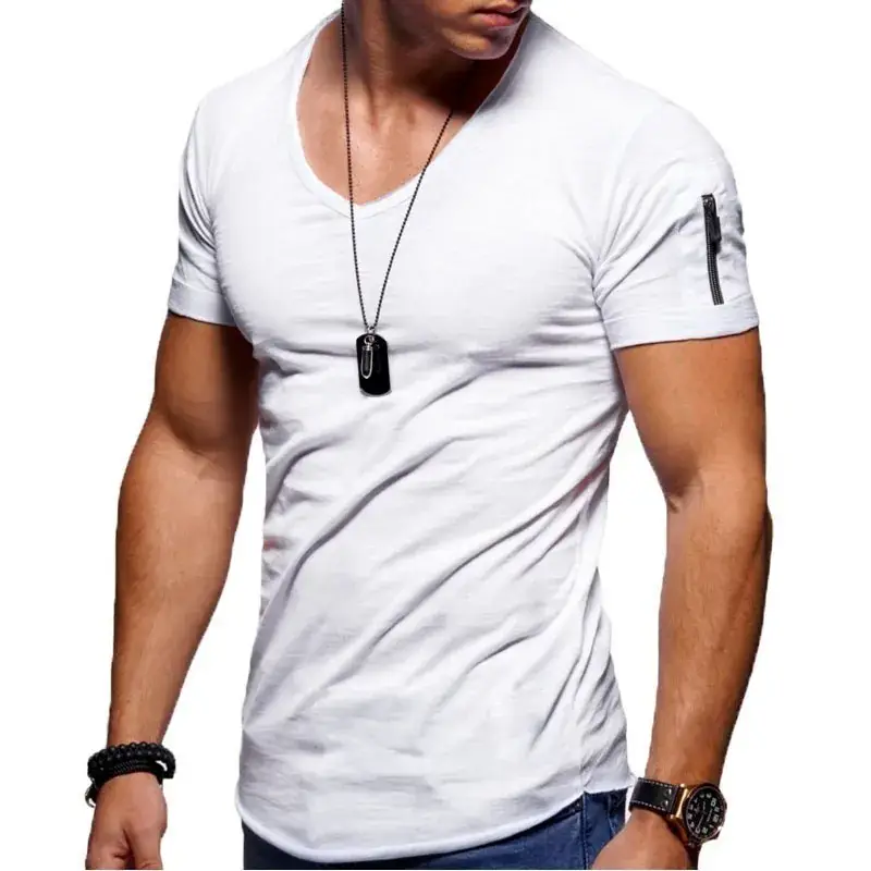 Men Orange V-Neck T-Shirt Slim Fit Solid Color - Image 15