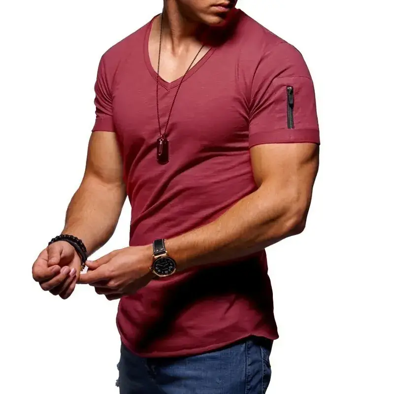 Men Orange V-Neck T-Shirt Slim Fit Solid Color - Image 17