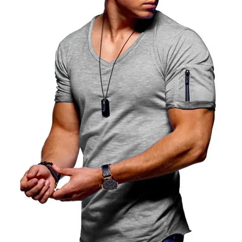 Men Orange V-Neck T-Shirt Slim Fit Solid Color - Image 19