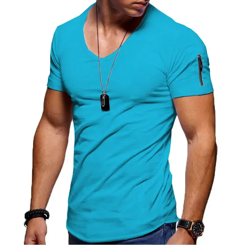 Men Orange V-Neck T-Shirt Slim Fit Solid Color - Image 12