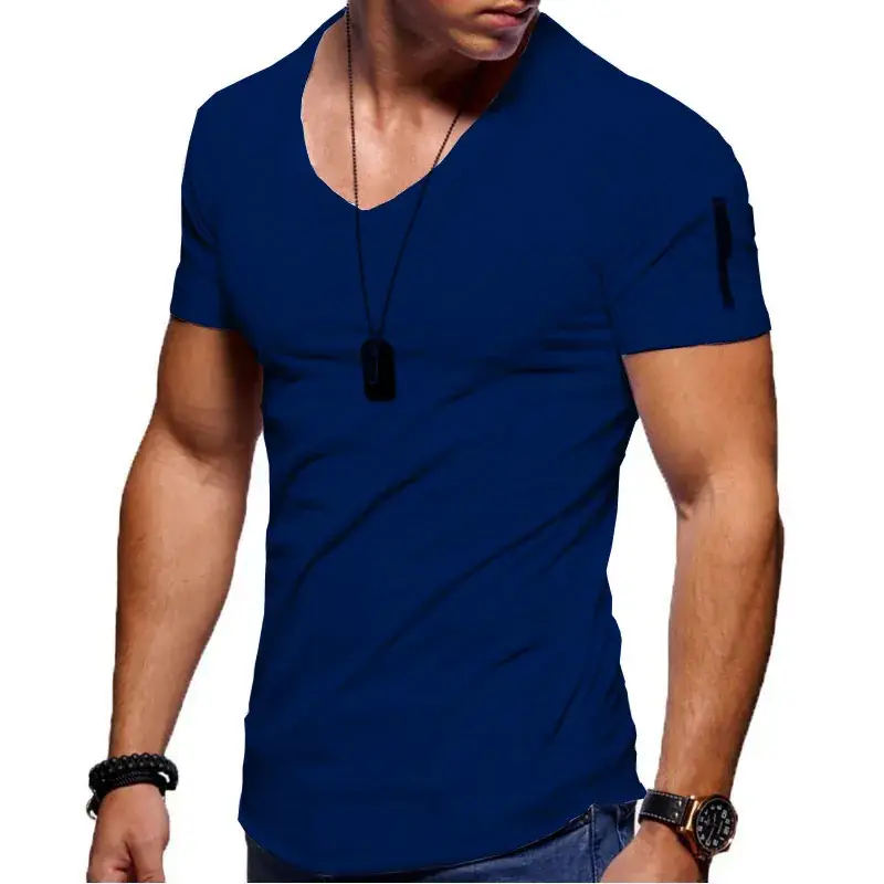 Men Orange V-Neck T-Shirt Slim Fit Solid Color - Image 13