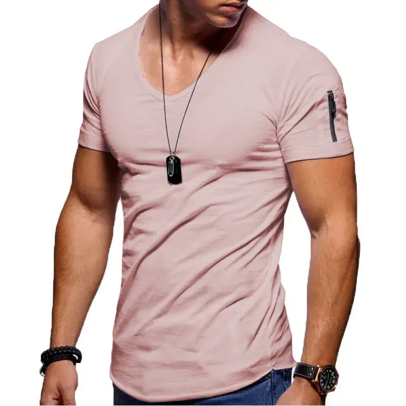 Men Orange V-Neck T-Shirt Slim Fit Solid Color - Image 2