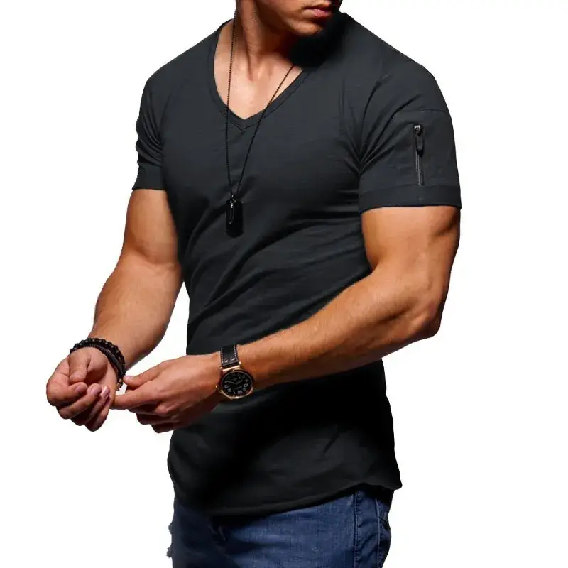 Men Orange V-Neck T-Shirt Slim Fit Solid Color - Image 3