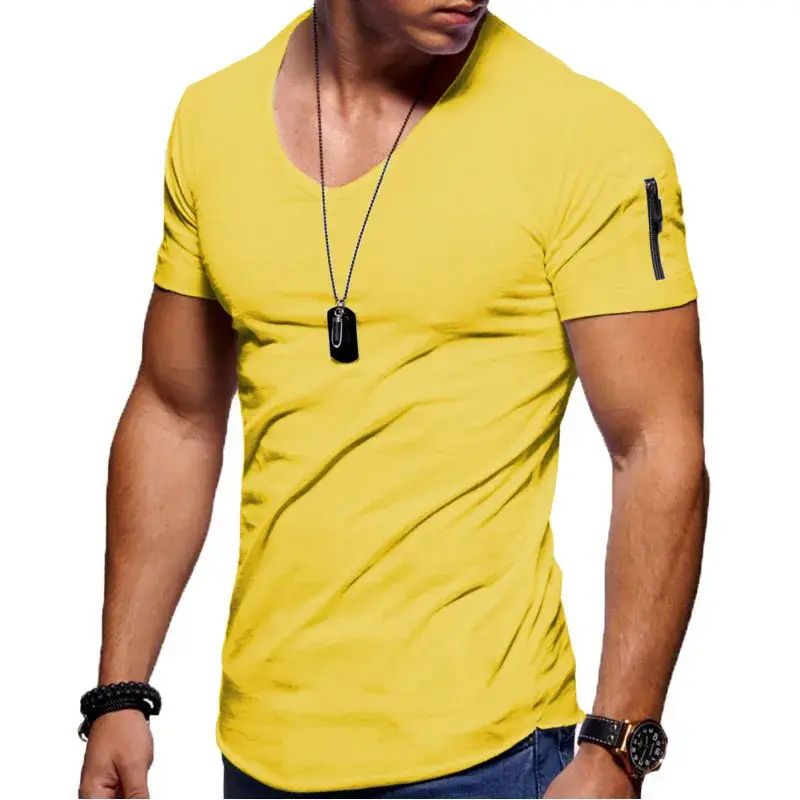 Men Orange V-Neck T-Shirt Slim Fit Solid Color - Image 4