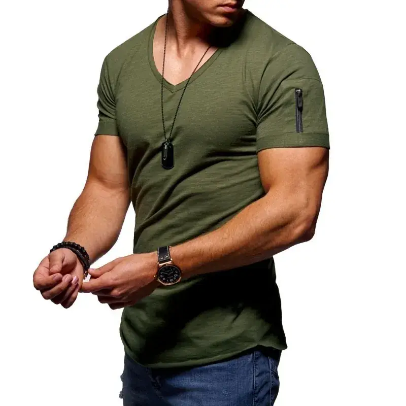 Men Orange V-Neck T-Shirt Slim Fit Solid Color - Image 5