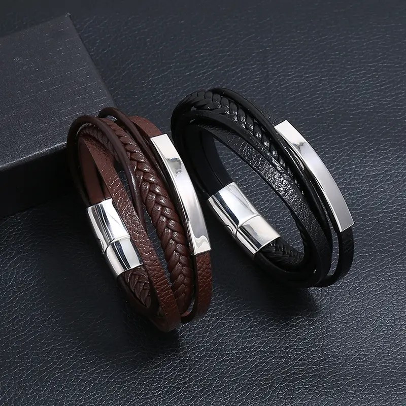 Stainless Steel Leather Bracelet Brown Black Vintage Multi-layer - Image 3