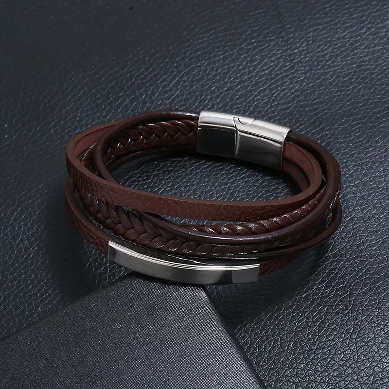 Stainless Steel Leather Bracelet Brown Black Vintage Multi-layer - Image 4
