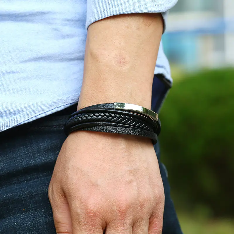 Stainless Steel Leather Bracelet Brown Black Vintage Multi-layer - Image 5