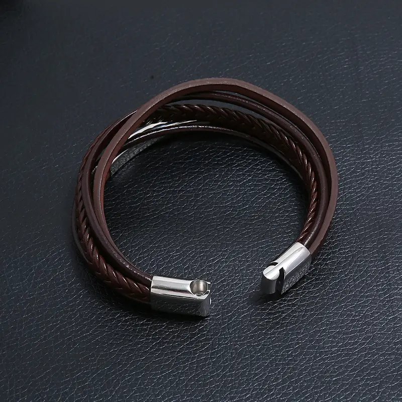 Stainless Steel Leather Bracelet Brown Black Vintage Multi-layer - Image 6