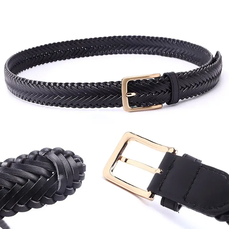 Black Braided Women's Belt with Gold Buckle - Image 7