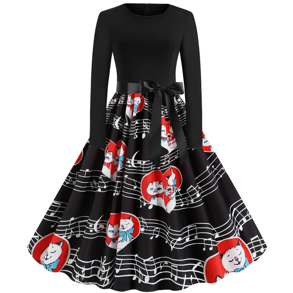 Hot Valentine's Dress Red Rose Print Long Sleeve