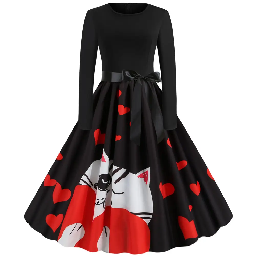 Hot Valentine's Dress Red Rose Print Long Sleeve