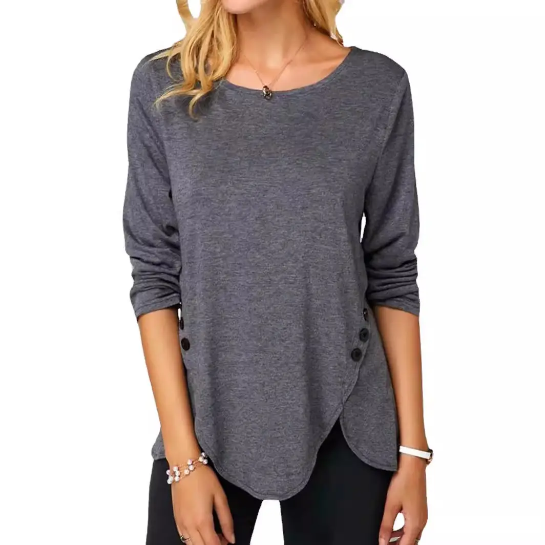 Long Sleeve Button Hem T-Shirt Brown Women