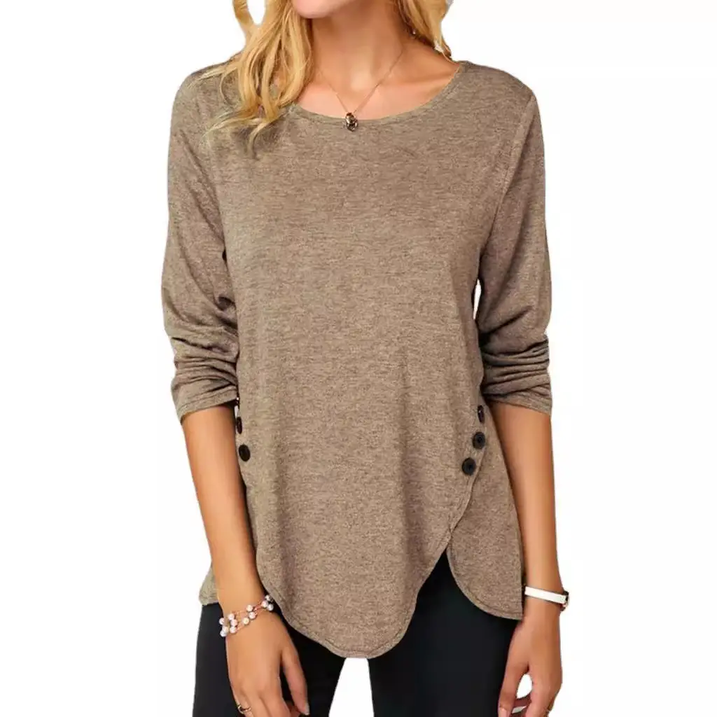 Long Sleeve Button Hem T-Shirt Brown Women