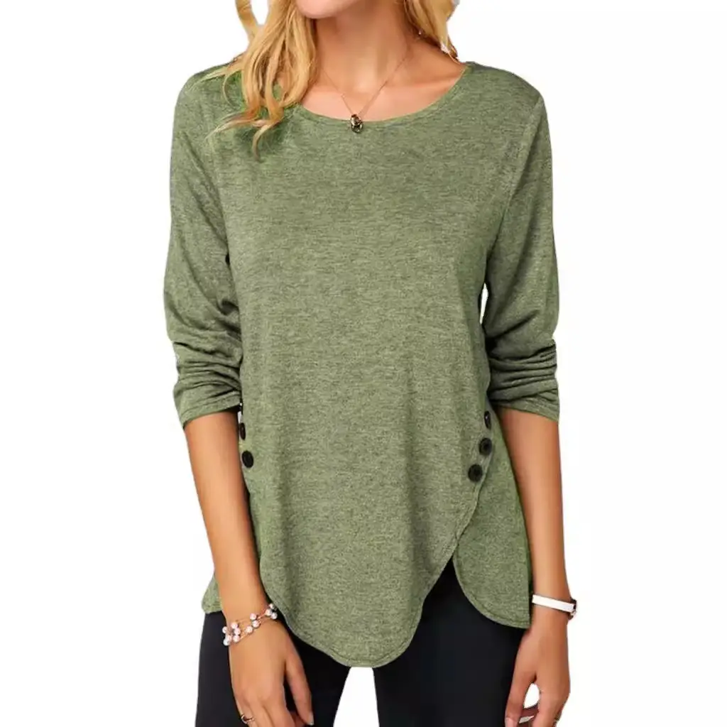Long Sleeve Button Hem T-Shirt Brown Women