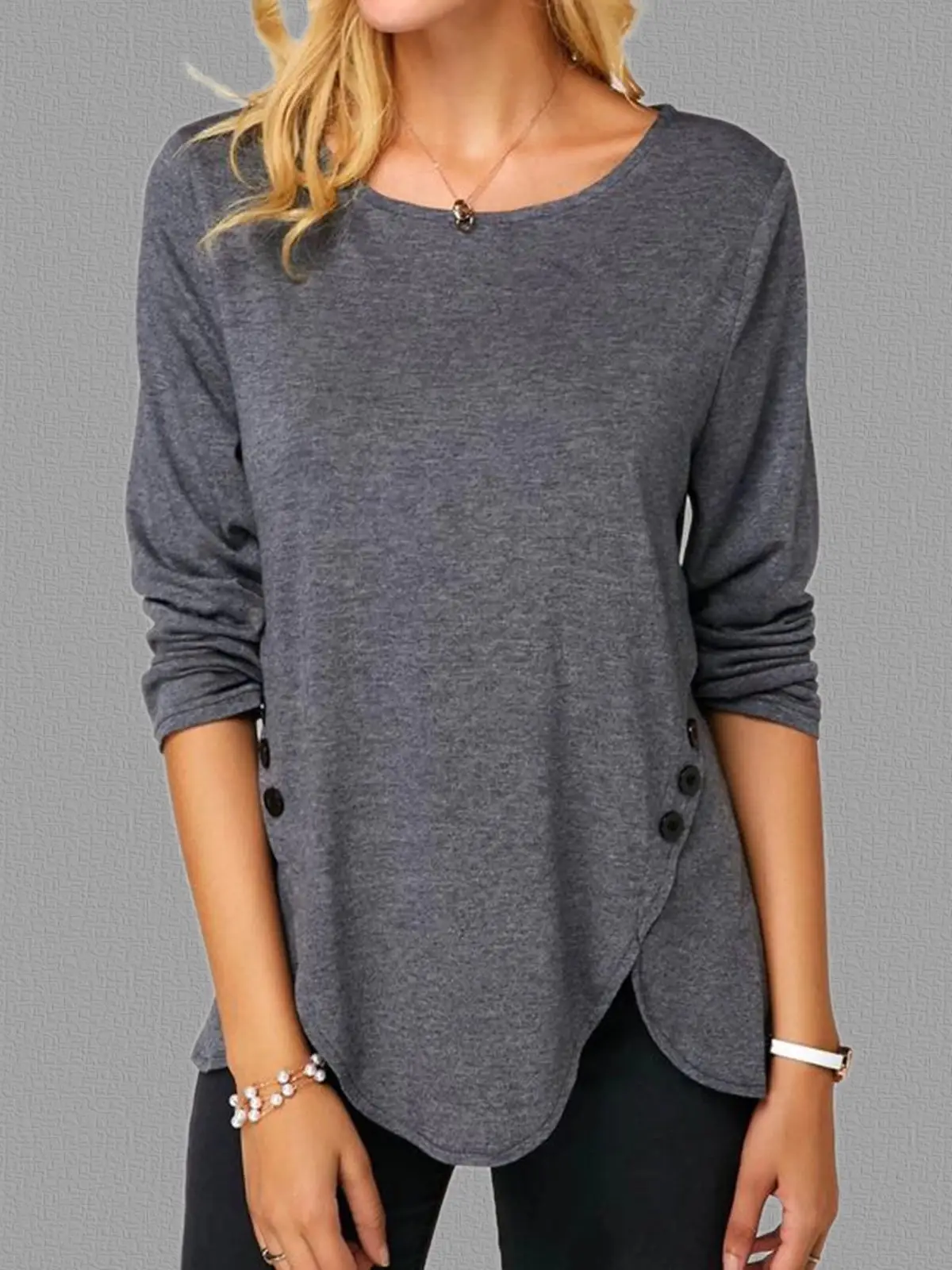 Long Sleeve Button Hem T-Shirt Brown Women
