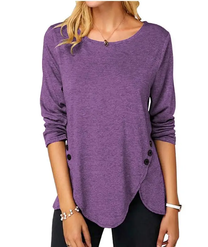 Long Sleeve Button Hem T-Shirt Brown Women