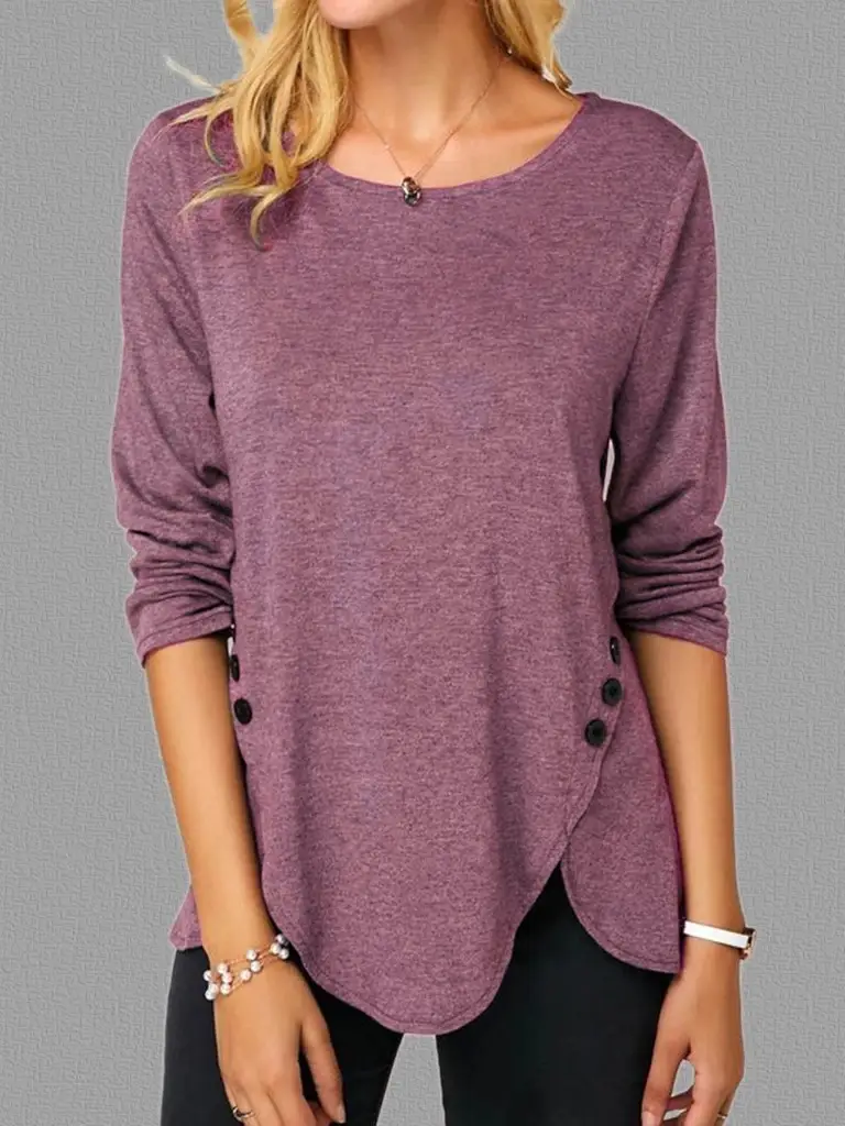 Long Sleeve Button Hem T-Shirt Brown Women