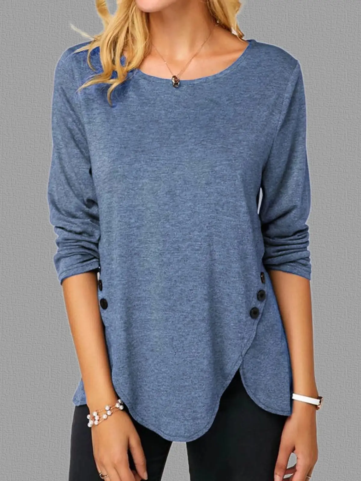 Long Sleeve Button Hem T-Shirt Brown Women