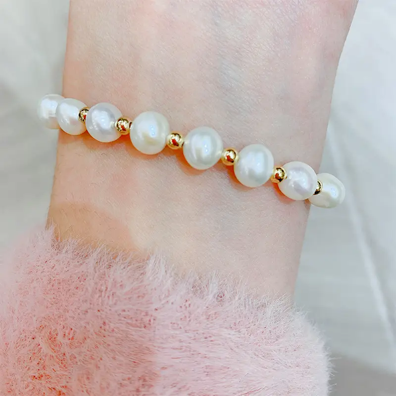 Women's Adjustable Pearl Chain Bracelet Gold Titanium - Image 6