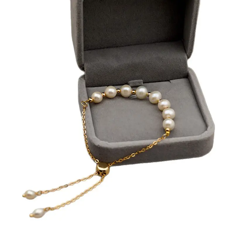 Women's Adjustable Pearl Chain Bracelet Gold Titanium - Image 7
