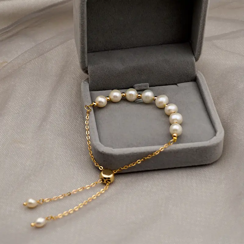 Women's Adjustable Pearl Chain Bracelet Gold Titanium - Image 3