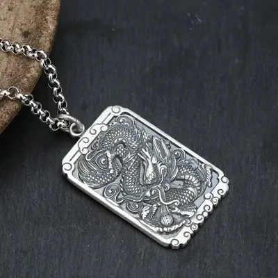 Feilong Dragon Pendant 99 Foot Silver Men's Necklace - Image 12