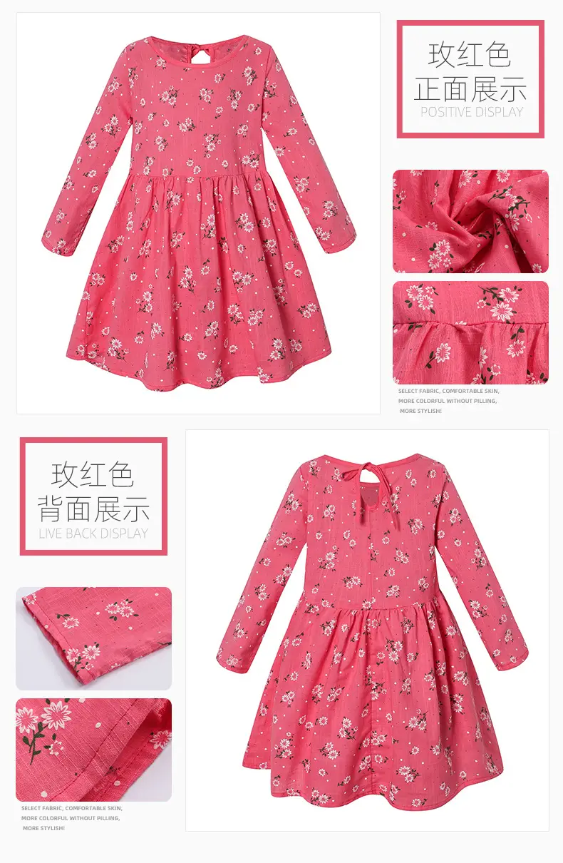 Pink Floral Long Sleeve Dress for Girls — feature 12