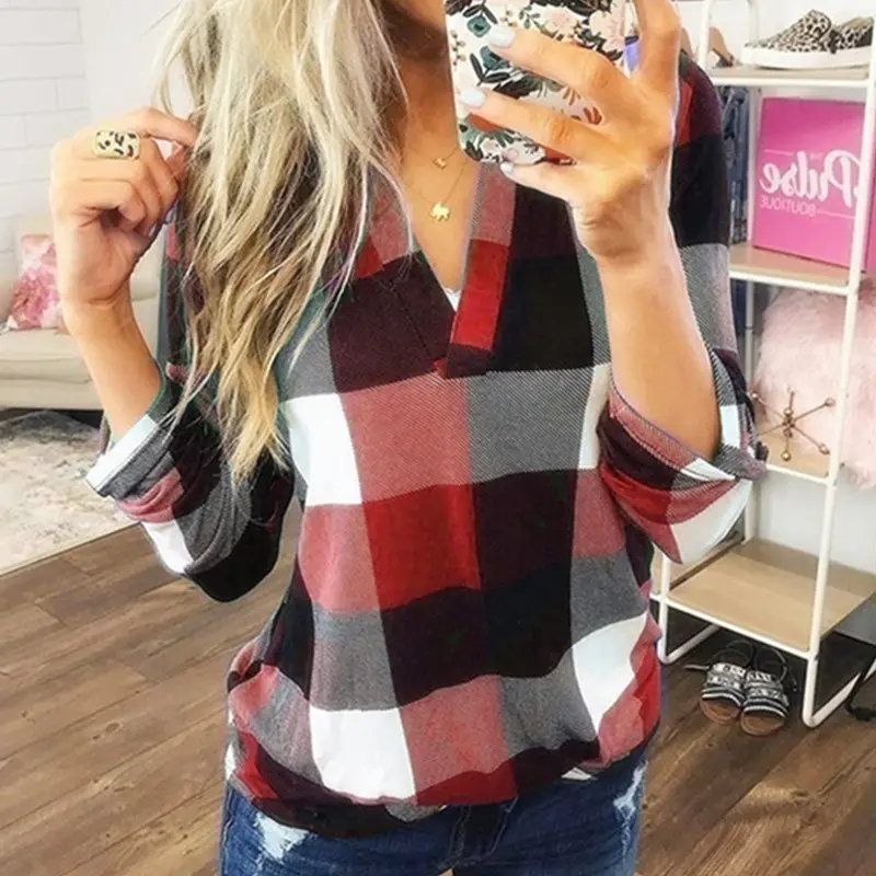 2025 Plaid V Neck Long Sleeve Women's Shirt - Image 9