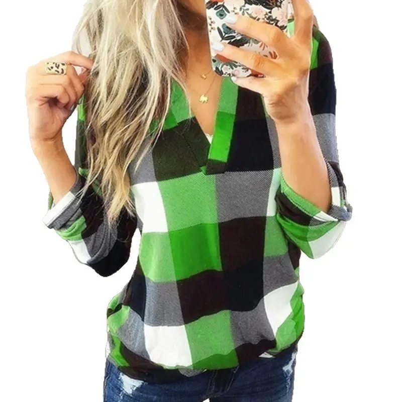2025 Plaid V Neck Long Sleeve Women's Shirt - Image 12