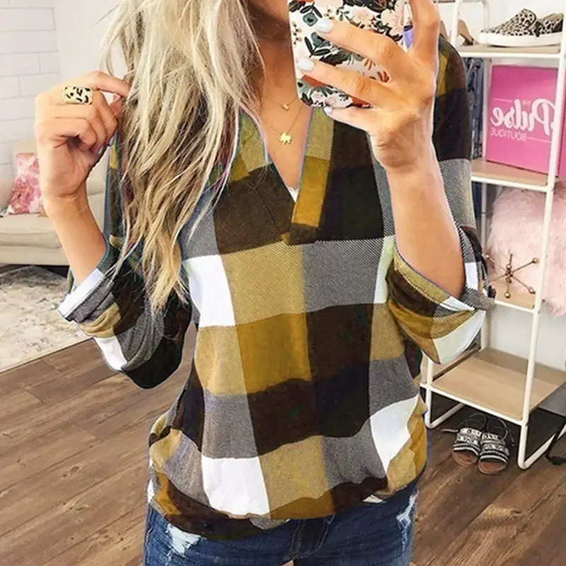 2025 Plaid V Neck Long Sleeve Women's Shirt — feature 5