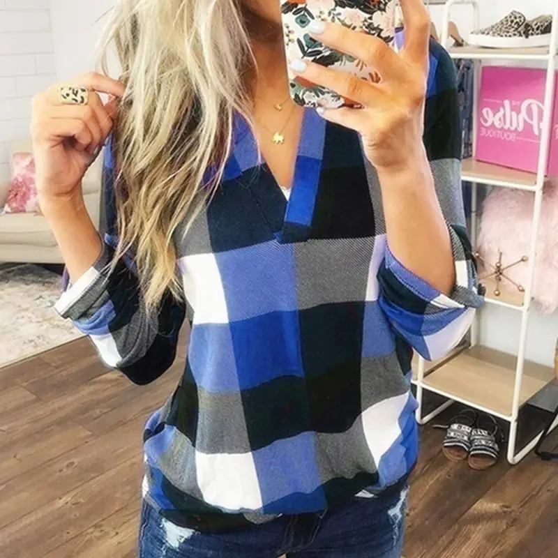 2025 Plaid V Neck Long Sleeve Women's Shirt — feature 6