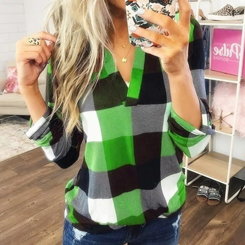 2025 Plaid V Neck Long Sleeve Women's Shirt — feature 7