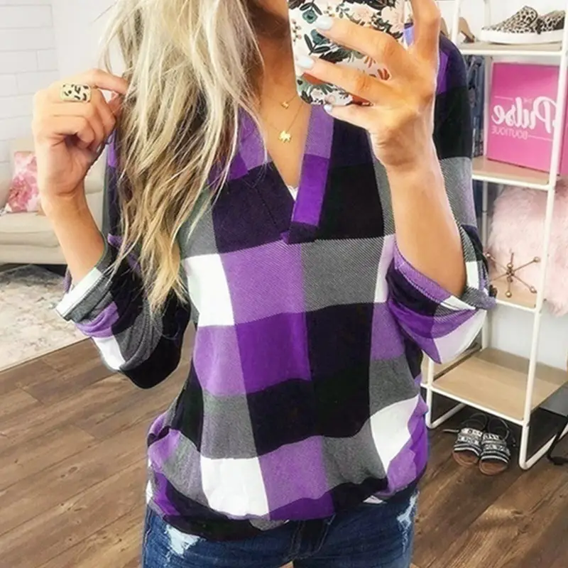 2025 Plaid V Neck Long Sleeve Women's Shirt - Image 3