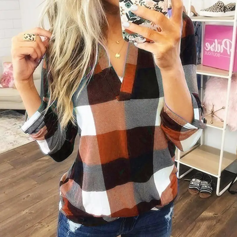 2025 Plaid V Neck Long Sleeve Women's Shirt - Image 6