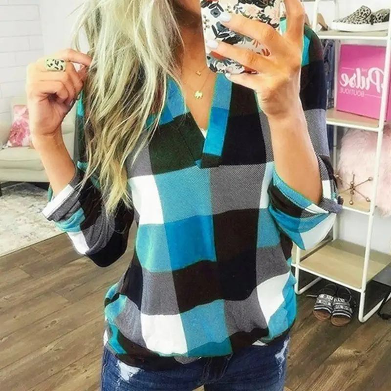 2025 Plaid V Neck Long Sleeve Women's Shirt - Image 7