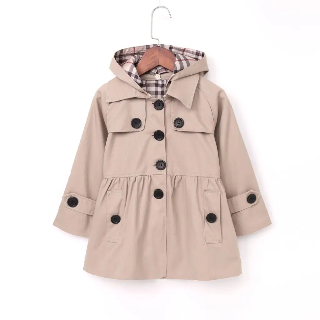 Girls Cotton Trench Coat Blue White Pattern Hooded - Image 4