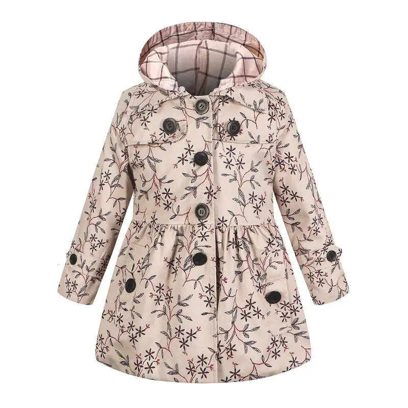 Girls Cotton Trench Coat Blue White Pattern Hooded - Image 5