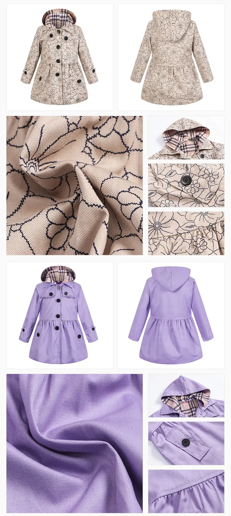 Girls Cotton Trench Coat Blue White Pattern Hooded — feature 12