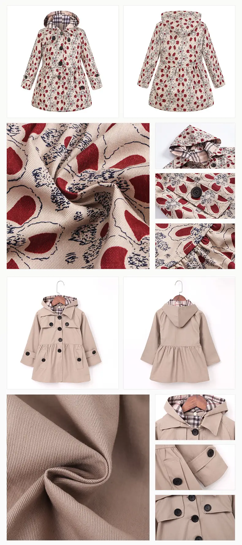 Girls Cotton Trench Coat Blue White Pattern Hooded — feature 13