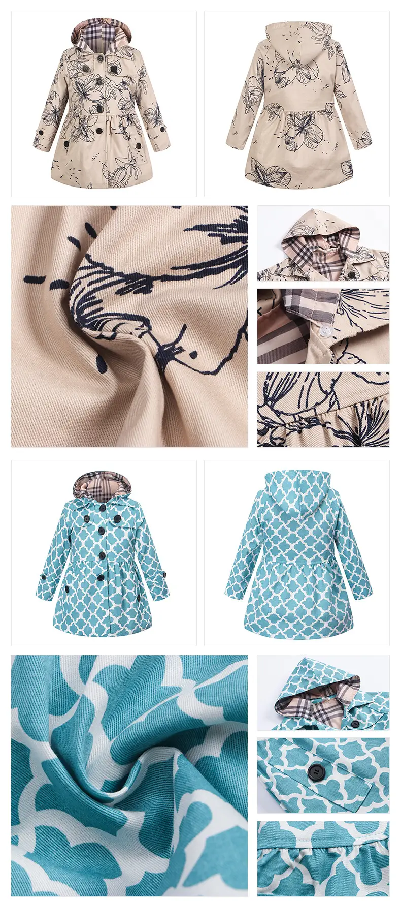 Girls Cotton Trench Coat Blue White Pattern Hooded — feature 15