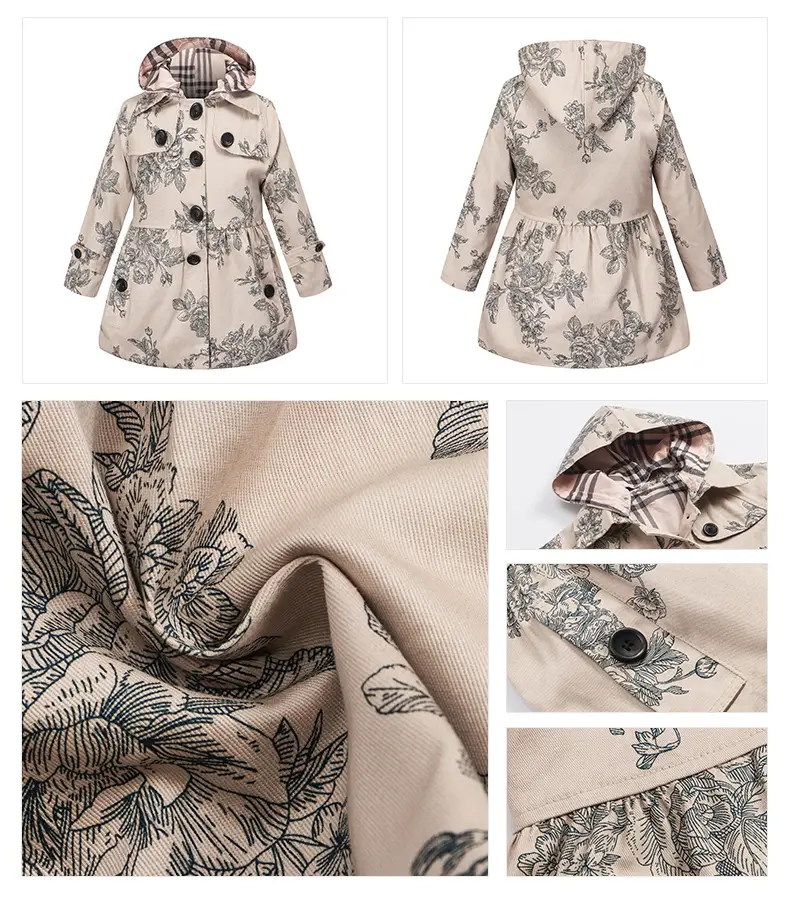 Girls Cotton Trench Coat Blue White Pattern Hooded — feature 16