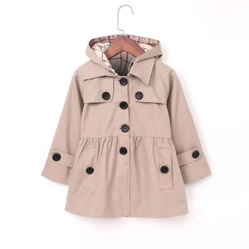 Girls Cotton Trench Coat Blue White Pattern Hooded - Image 2