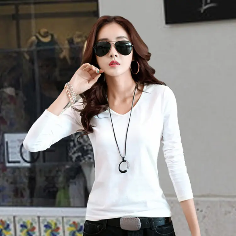 Women Korean Style Long Sleeve V-neck T-shirt Black Stretch Cotton - Image 2
