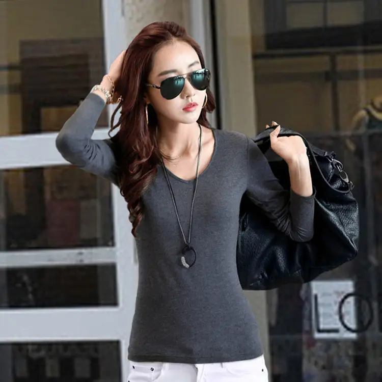 Women Korean Style Long Sleeve V-neck T-shirt Black Stretch Cotton - Image 3